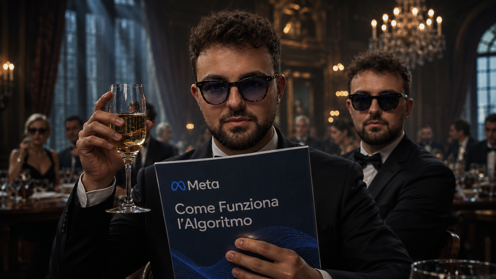 Visualizzazione astratta di un algoritmo, con linee di codice e dati che rappresentano il funzionamento dell'algoritmo di Meta Ads.